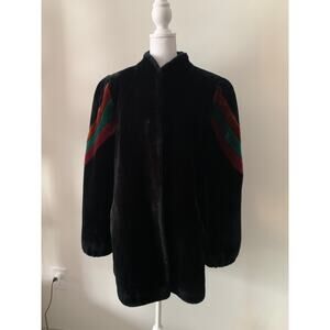Vintage 80s Sasson Borgazi Faux Fur Black Coat Striped Sleeve Size 12